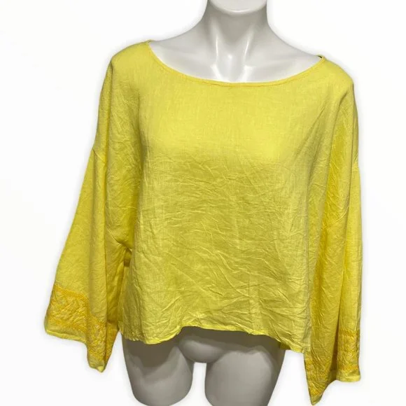 Seafolly Large Bright Folk Lime Light Long Sleeve Boat Neck Linen Crop Top NWT - Picture 3 of 11